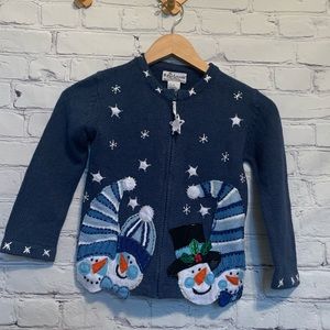 Christmas Cardigan Sweater kids girls sz 5 blue w/ snowmen zip closure vintage